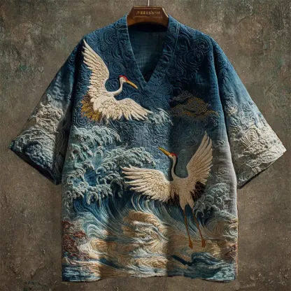 Vintage Japanese Crane Art Men's Linen V-neck Shirt - Blue
