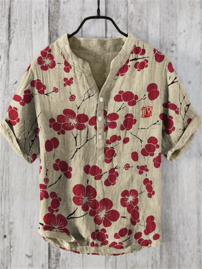Cherry Blossom Japanese Lino Art Linen Blend Shirt - Red
