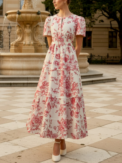 Maxi Cotton Dress, Short Sleeves, V Neck, Floral, Vintage, Apricot - Apricot