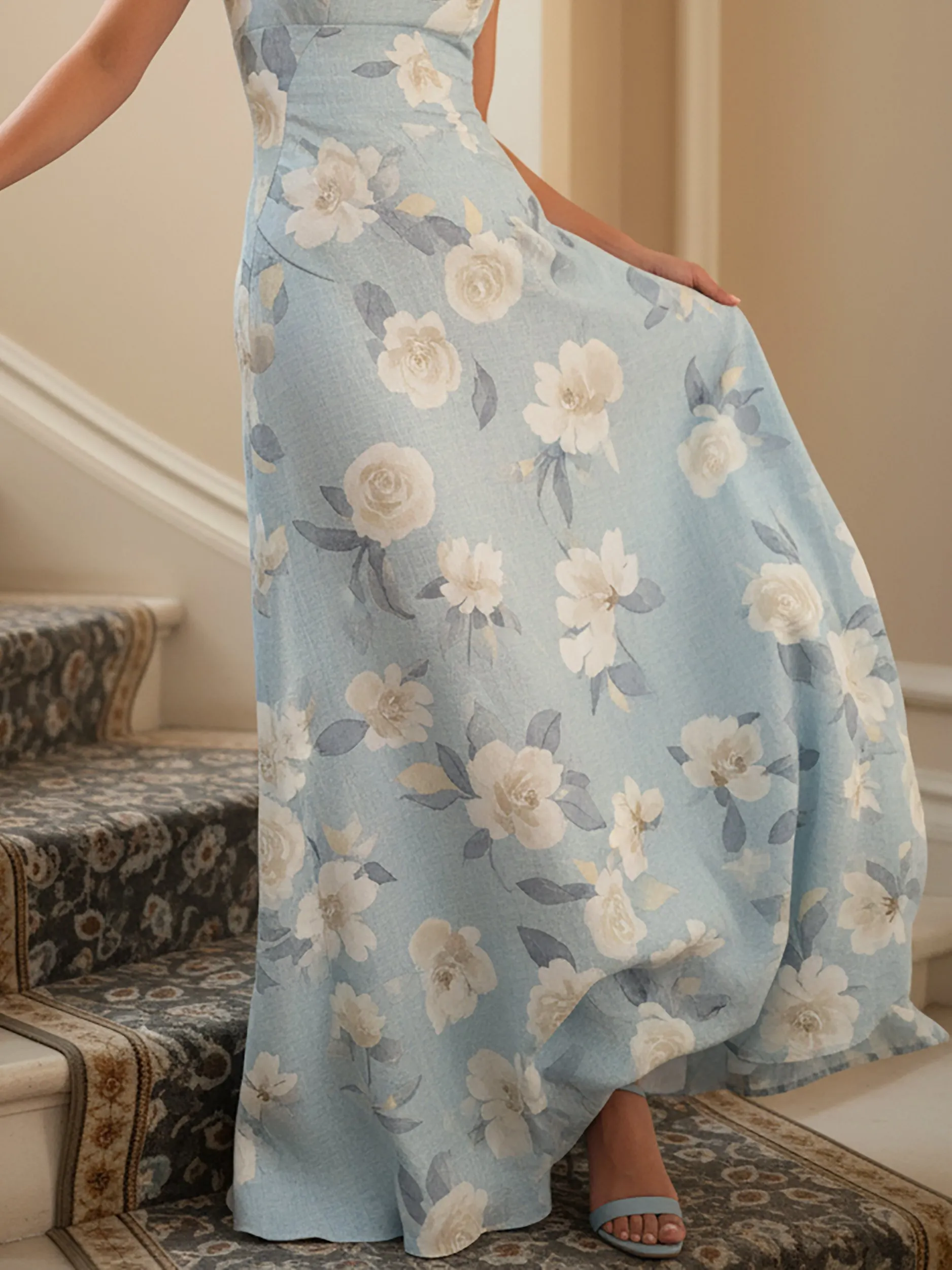 Maxi Linen Dress, Short Sleeves, Square Neck, Floral, Vintage, Blue - Blue