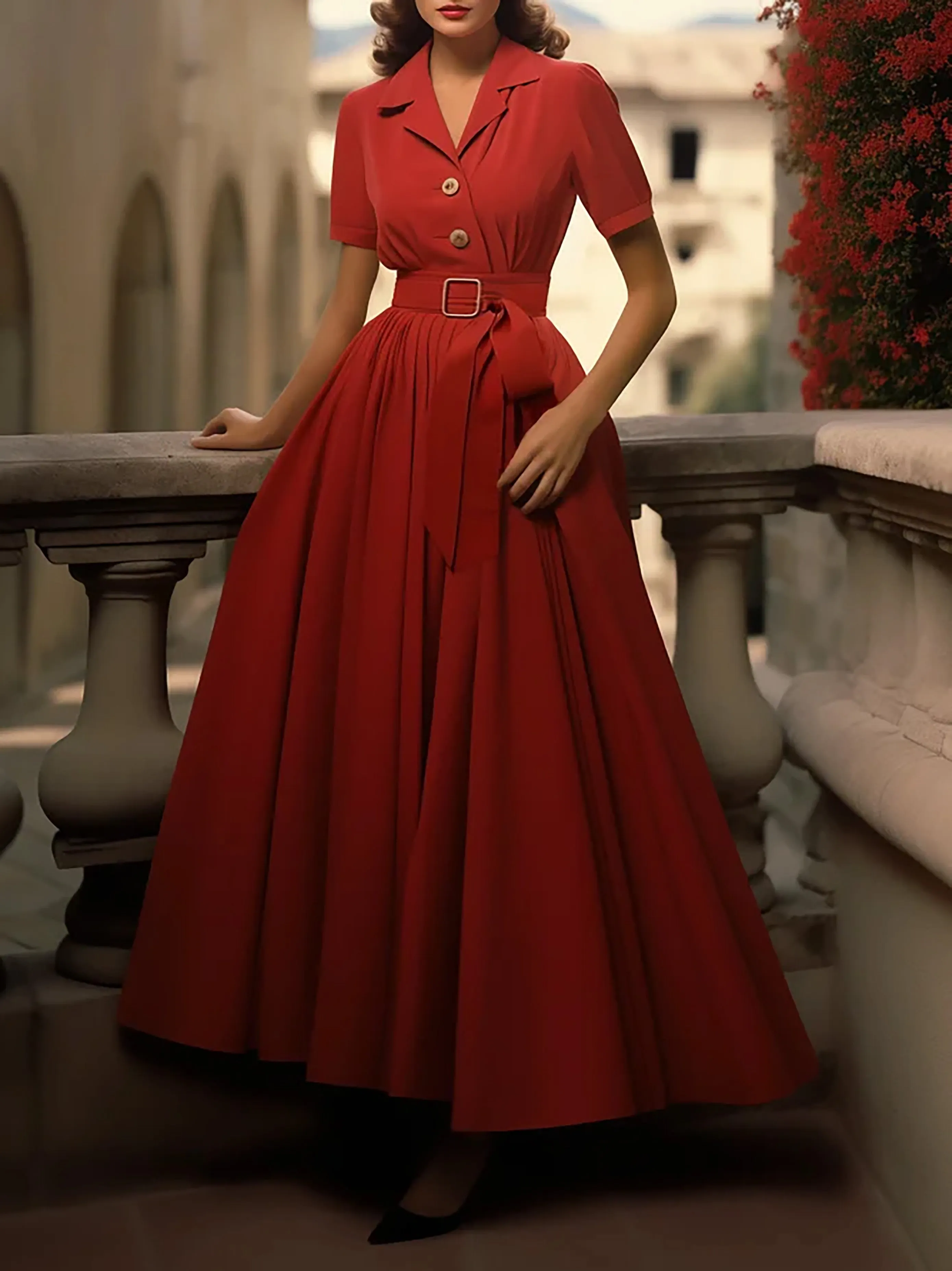 Cotton Maxi Dress, Plain, Pocket Stitching, Shawl Collar, Linen Blended, Belt, Vintage, Short Sleeves, Red - Wine Red