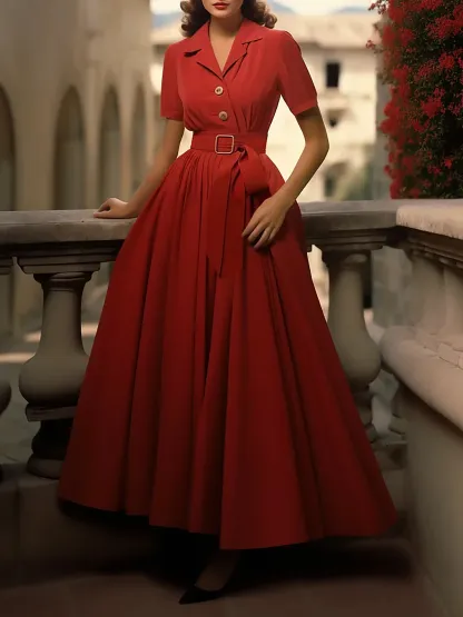 Cotton Maxi Dress, Plain, Pocket Stitching, Shawl Collar, Linen Blended, Belt, Vintage, Short Sleeves, Red - Wine Red