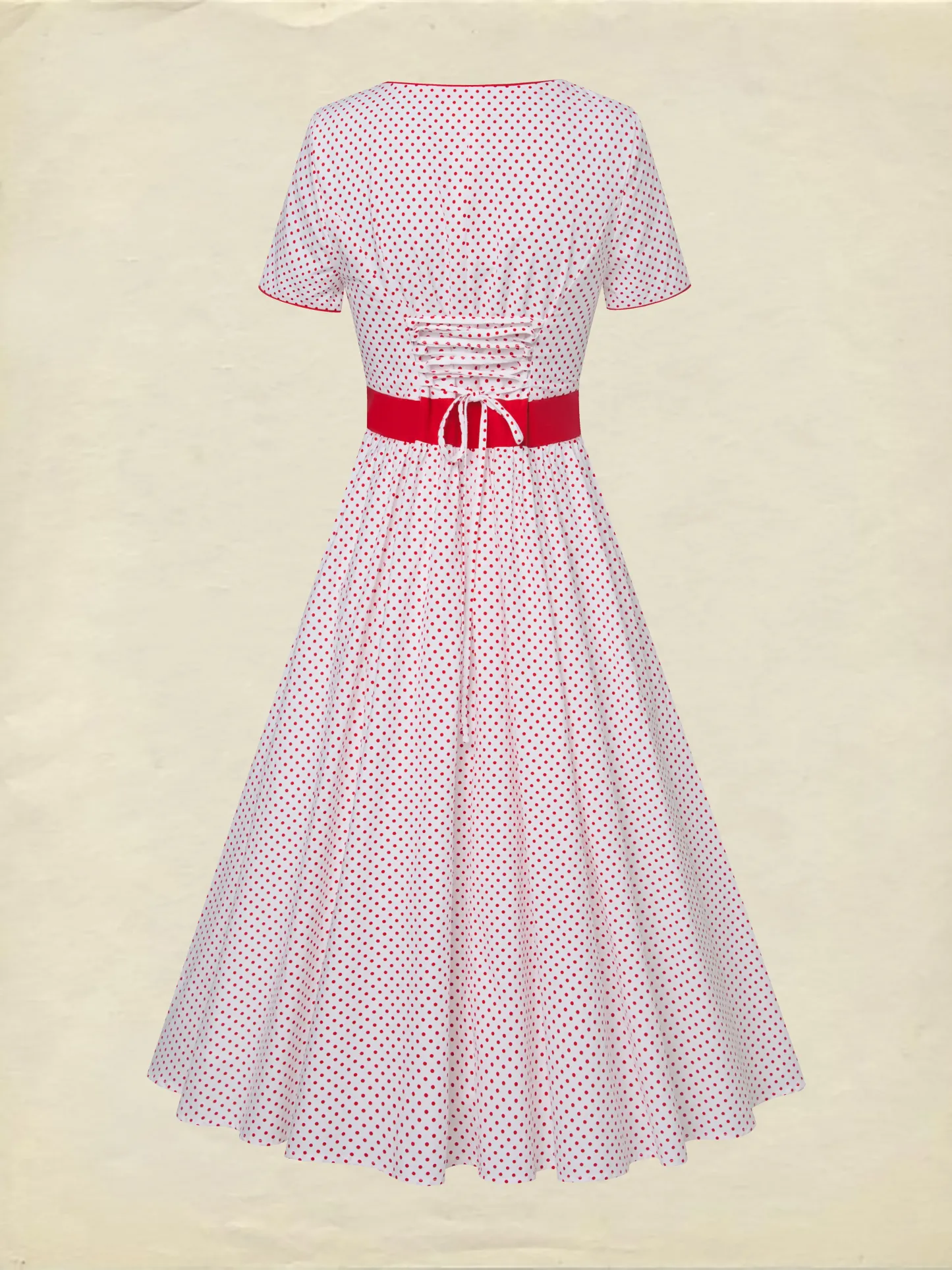 Cotton Maxi Dress, Short Sleeve, Square neck, Polka Dots, Vintage, White，Pure cotton - White