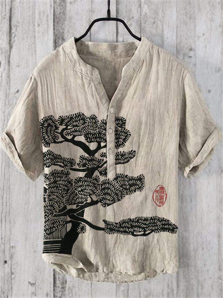 Pine Tree Japanese Lino Art Vintage Shirt - Beige
