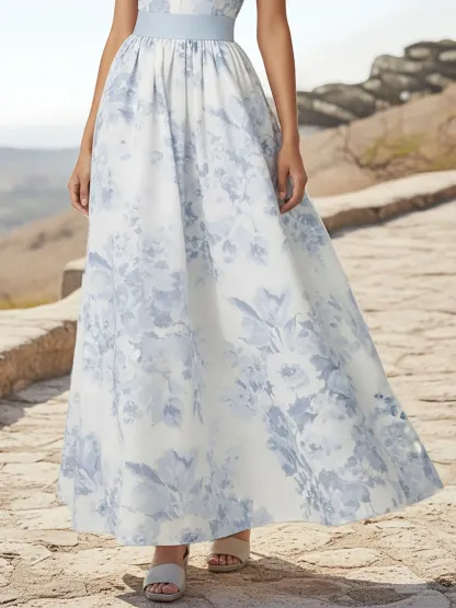 Maxi Linen Dress, Sleeveless, Stand Collar, Floral, Lace, Vacation, Vintage, White - White