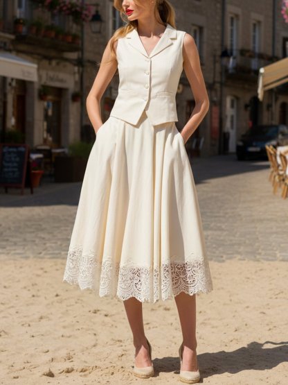 Midi Linen Skirt, Plain, Lace, Vacation, Vintage, White - White