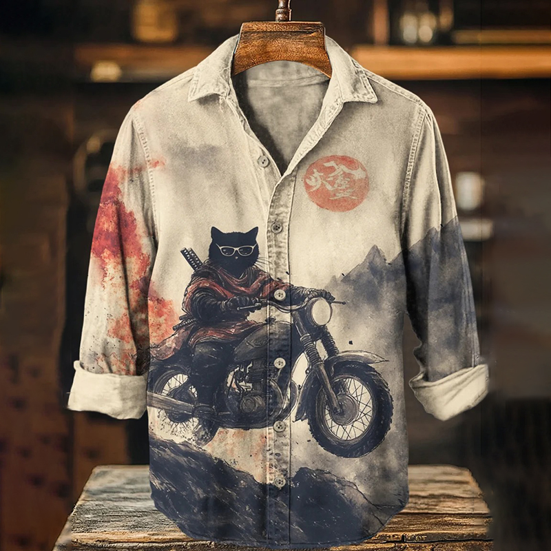 Men's Retro Black Cat On Motorcycle Art Print Long Sleeve Shirt - Beige