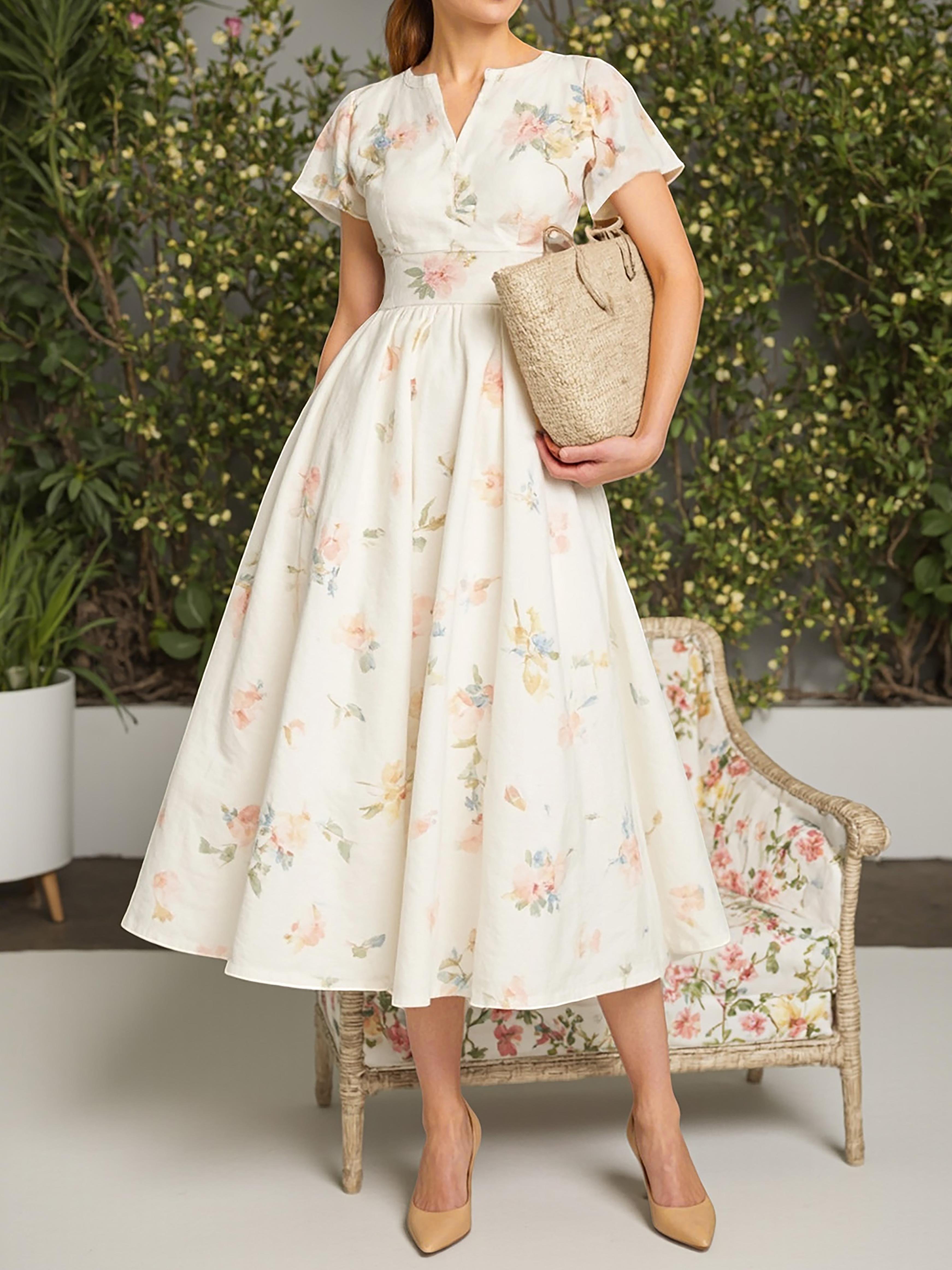 Midi Linen Dress, Short Sleeves, V Neck, Floral, Vintage, White - White