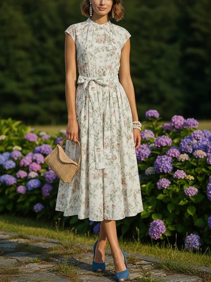 Midi Cotton Dress, Cap Sleeves, Round Neck, Floral, Belt Design, Vintage, Apricot - Apricot