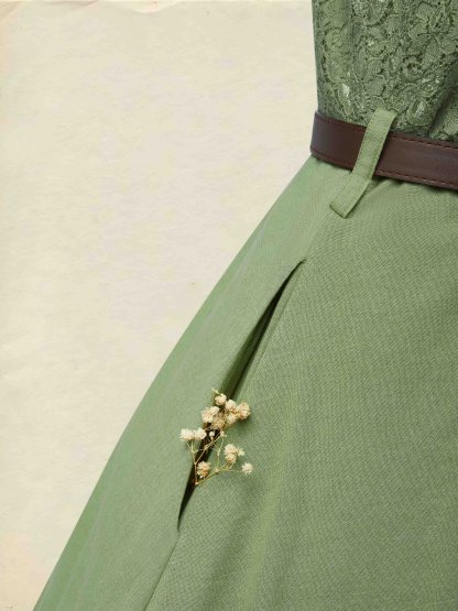 Midi Linen Dress , Half Sleeve, V Neck, Plain, Lace, Vintage, Army Green - Army Green