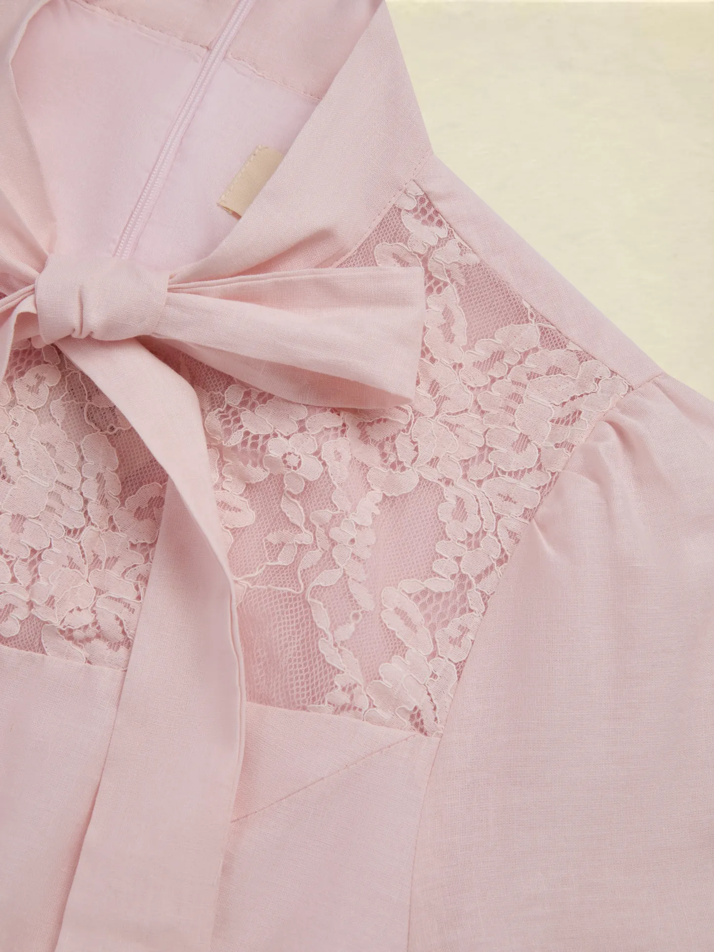 Midi Linen Dress, Half Sleeve, Plain, Lace, French Vintage, Pink - Pink