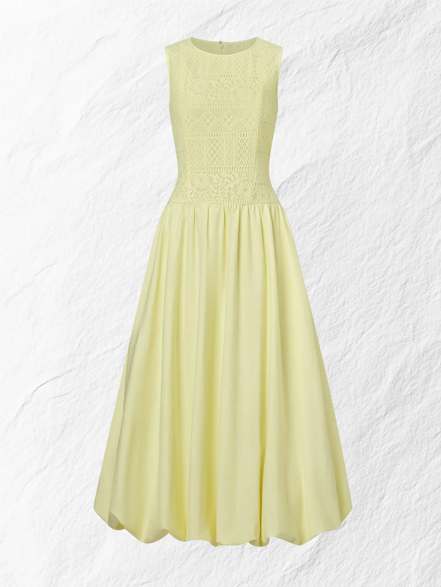 Midi Cotton Dress, Sleeveless, Round Neck, Plain, Lace, French Vintage, Light Yellow - Light Yellow