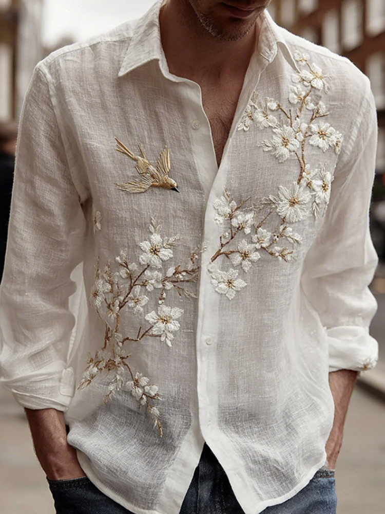 Men's Vintage Floral With Bird Embroidered Art Linen Blend Shirt - White