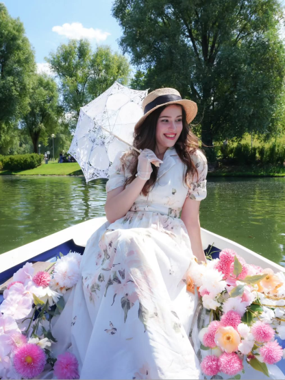 Linen Maxi Dress, Balloon Sleeve, Shawl Collar, Floral, Vintage, White - White
