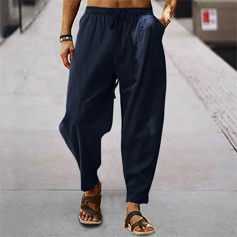 Men's Vintage Drawstring Casual Cotton Linen Pants - Black