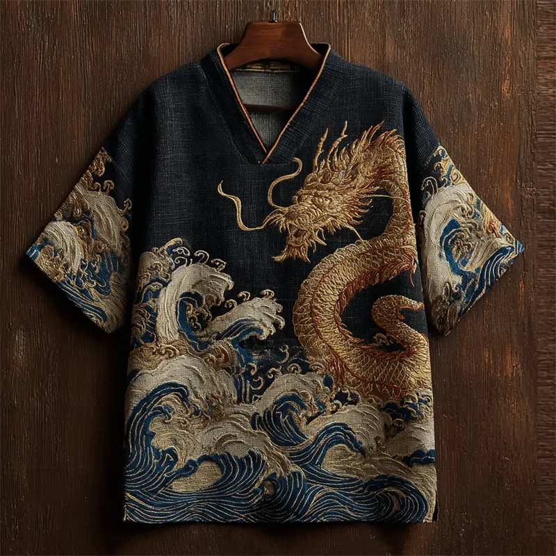 Japanese Sea Waves & Eastern Dragon Embroidered Linen Shirt - Black