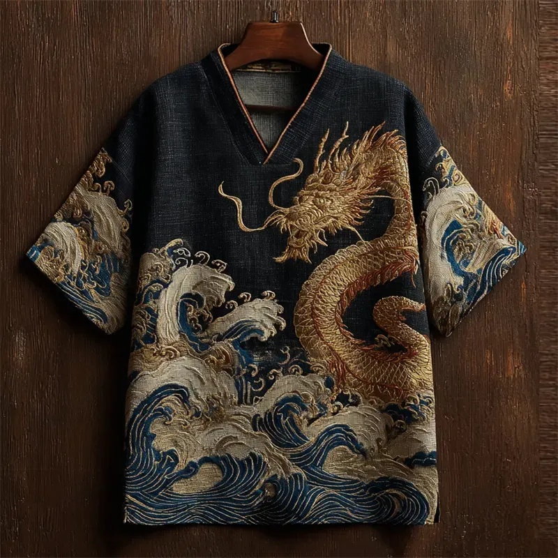 Japanese Sea Waves & Eastern Dragon Embroidered Linen Shirt - Black