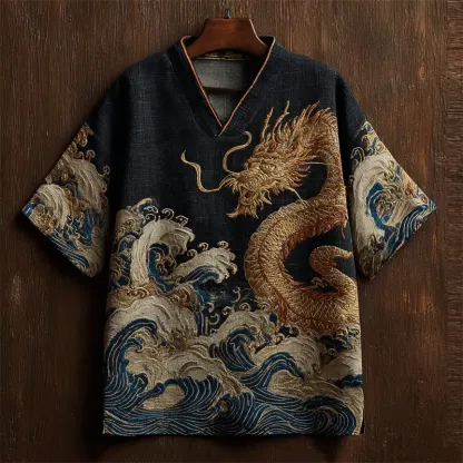 Japanese Sea Waves & Eastern Dragon Embroidered Linen Shirt - Black