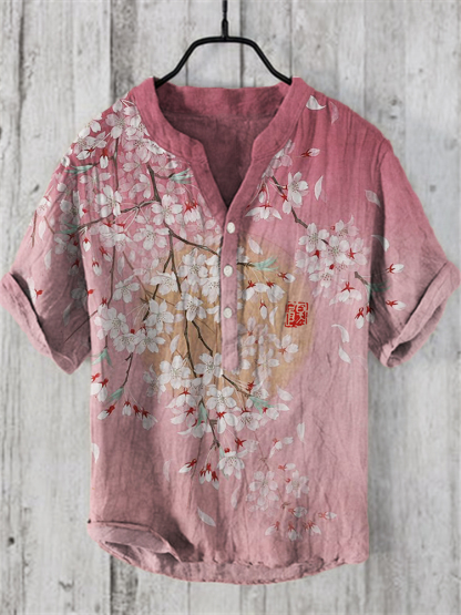 Cherry Blossom Full Moon Japanese Art Linen Blend Shirt - Pink