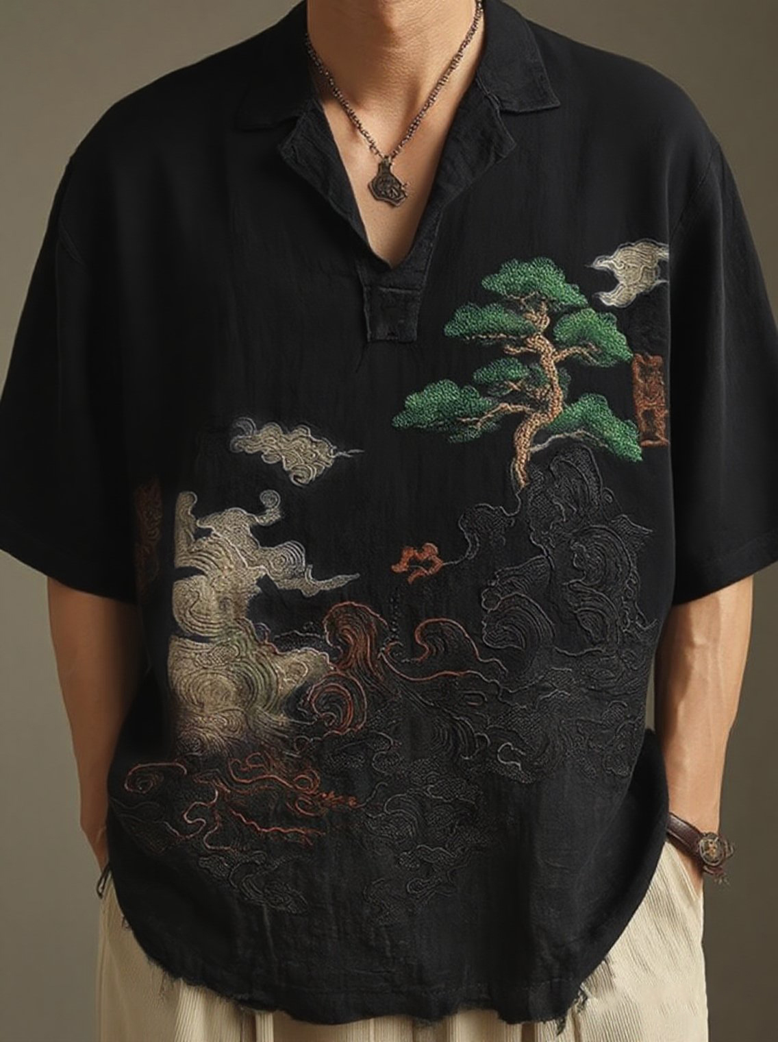 Men's Retro Landscape Embroidery Casual Lapel Short Sleeve Shirt - Grey