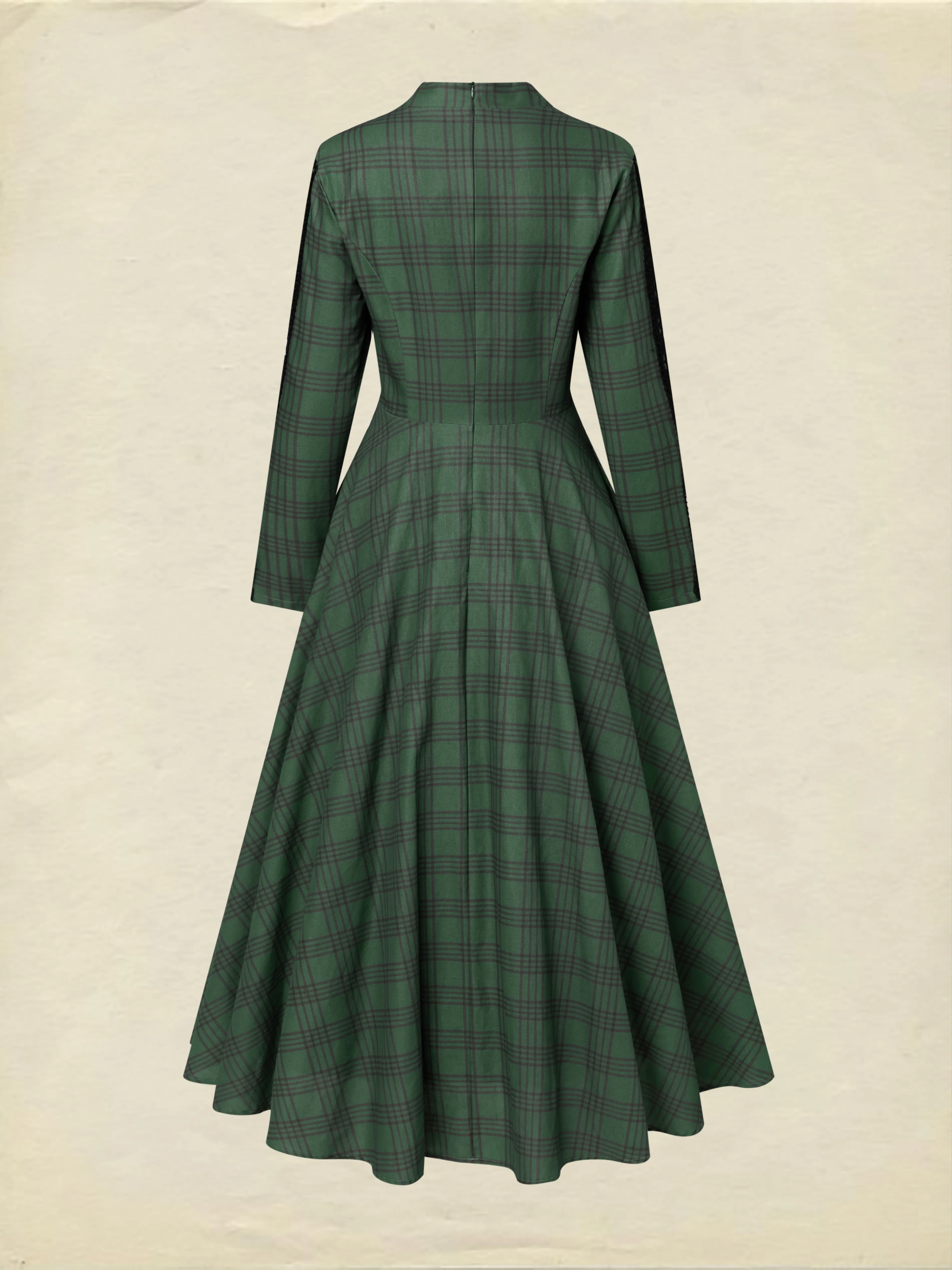 Maxi Linen Dress, Long Sleeves, V Neck, Plaid, Lace, Vintage, Deep Green - Deep Green