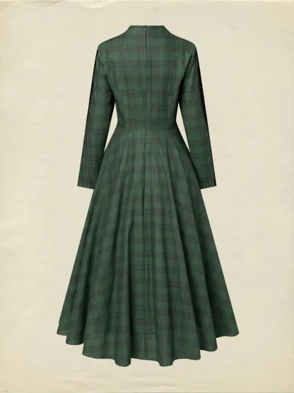 Maxi Linen Dress, Long Sleeves, V Neck, Plaid, Lace, Vintage, Deep Green - Deep Green
