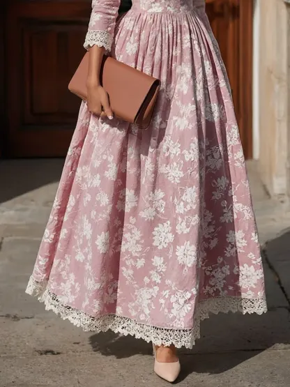 Maxi Linen Dress Set, Half Sleeve, Round Neck, Floral, Lace, Vacation, Vintage, Light Pink - Light Pink