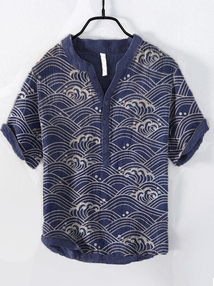 Japanese Art Waves Pattern Cozy Cotton Linen Shirt - Navy