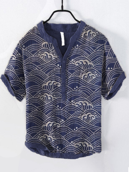 Japanese Art Waves Pattern Cozy Cotton Linen Shirt - Navy