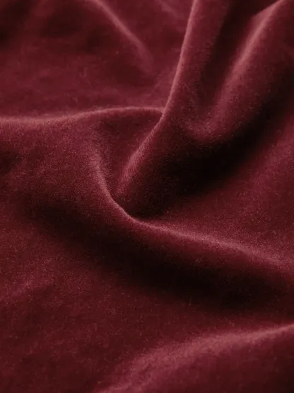 Midi Cotton Dress, Long Sleeves, Stand Collar, Plain, Vintage, Wine Red - Wine Red
