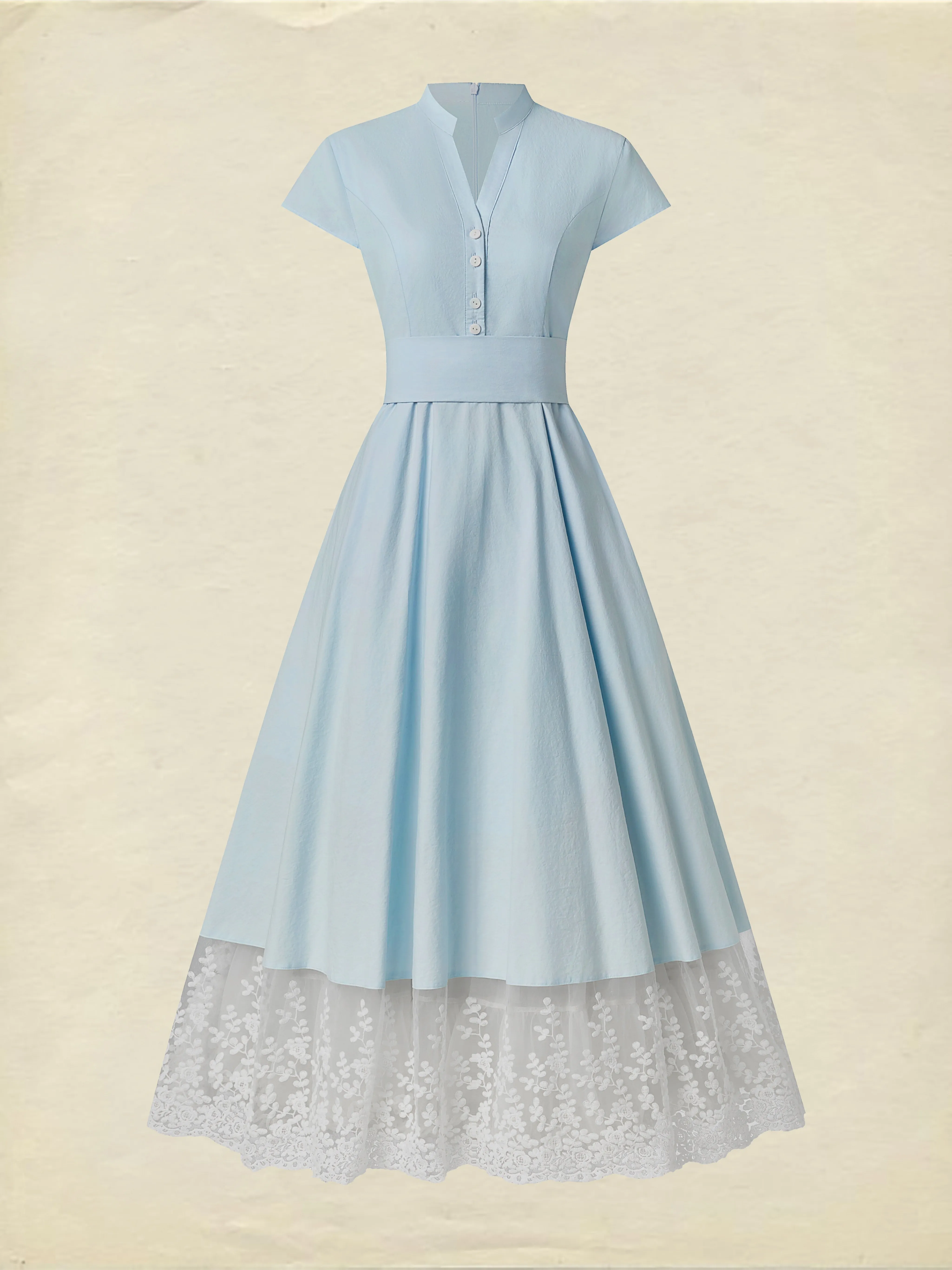 Maxi Cotton Dress , Short Sleeves, V Neck, Plain, Lace, French Vintage, Aqua blue - Aqua blue