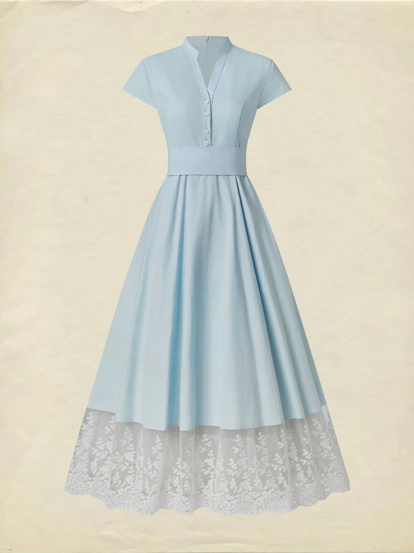Maxi Cotton Dress , Short Sleeves, V Neck, Plain, Lace, French Vintage, Aqua blue - Aqua blue