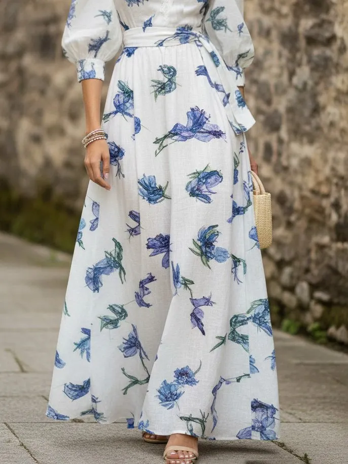 Maxi Linen Dress, Half Sleeve, V Neck, Floral, Lace, Vacation, Vintage, Blue - Blue