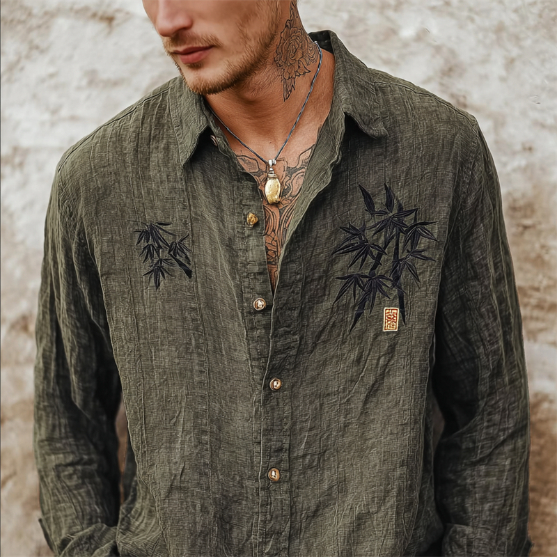 Men's Japanese Bamboo Embroidered Washed Linen Shirt - Dark gray