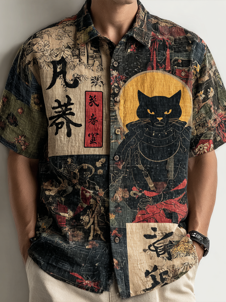 Japanese Art Taste Cat Men Cotton And Linen Short Sleeve Shirt - Khaki
