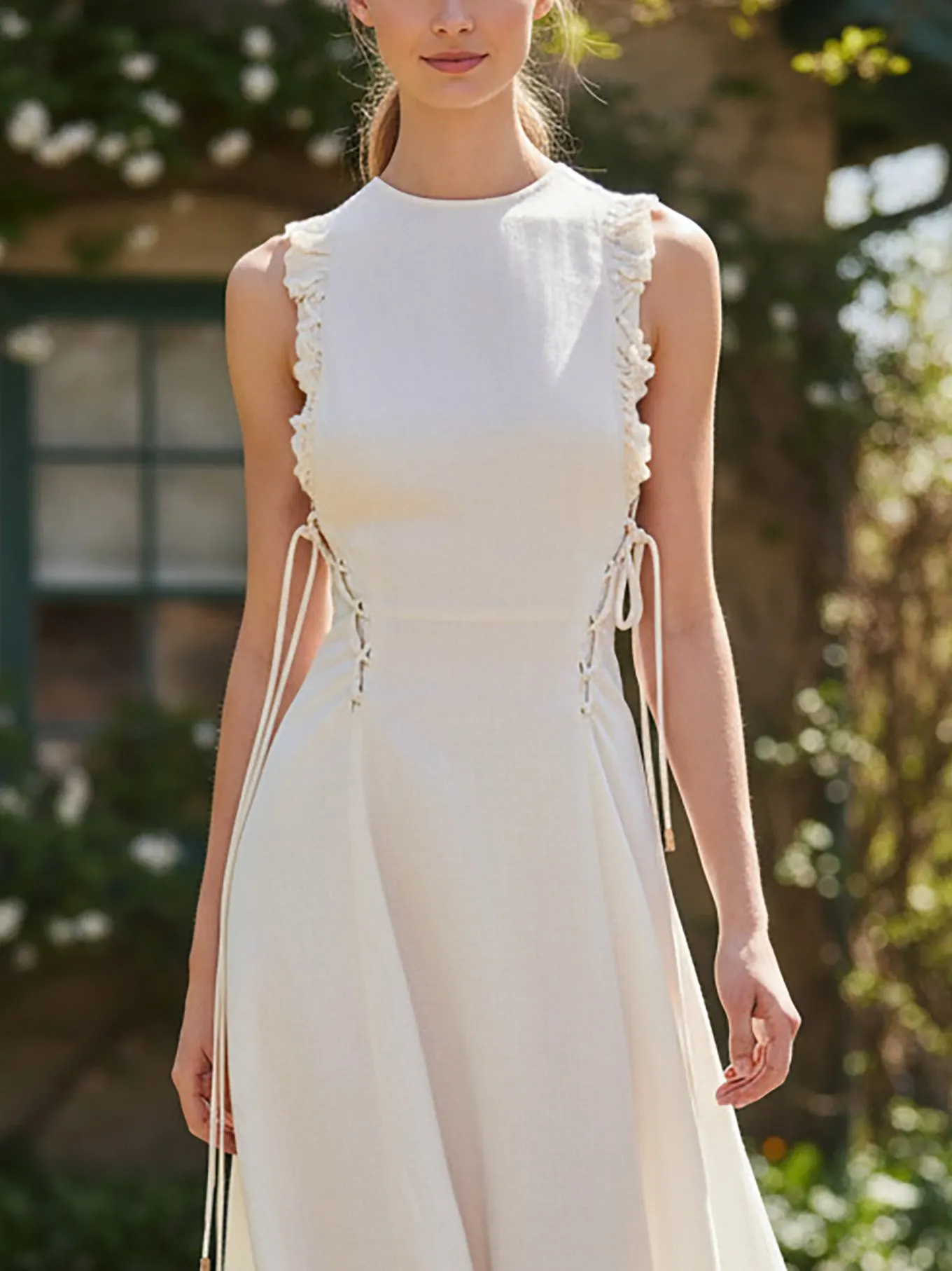 Maxi Linen Dress, Sleeveless, Round Neck, Plain, Ruffles, French Vintage, White - White