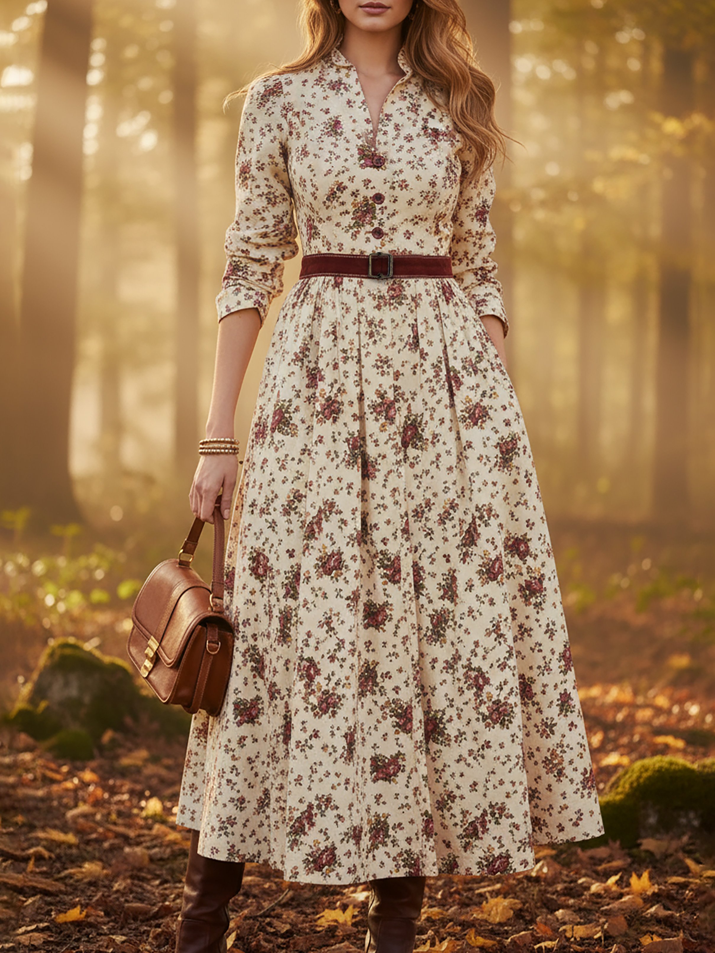 Midi Linen Dress, Long Sleeves, Shawl Collar, Floral, Belt Design, Vintage, Apricot - Apricot