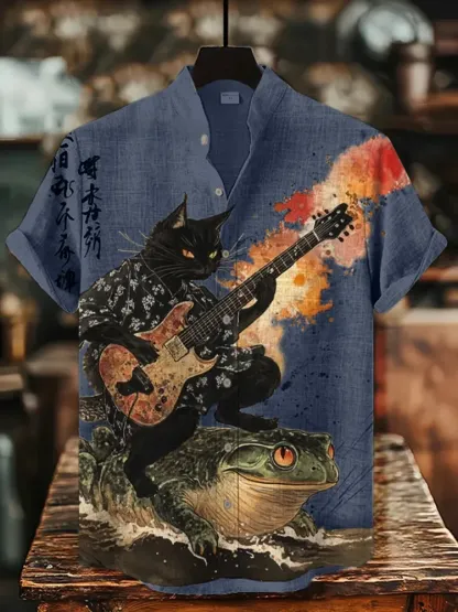 Men's Black Cat Riding On Toad Playing Guitar Print Short Sleeve Shirt - Beige