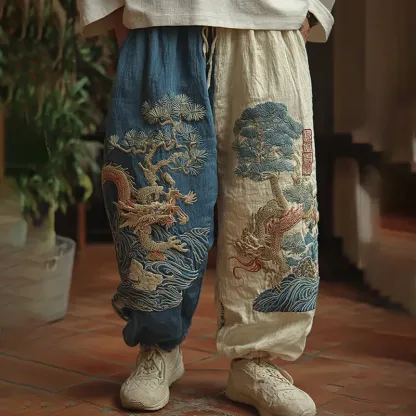 Men's Japanese Dragon Art Contrast Linen Pants - Blue