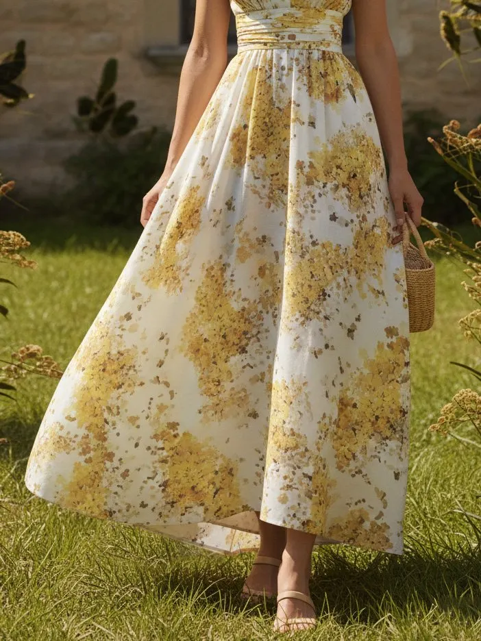 Maxi Linen Dress, Sleeveless, V Neck, Floral, Vacation, Vintage, Light Yellow - Light Yellow