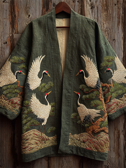 Japanese Cranes & Pine Trees Embroidered Linen Kimono Cardigan - Green