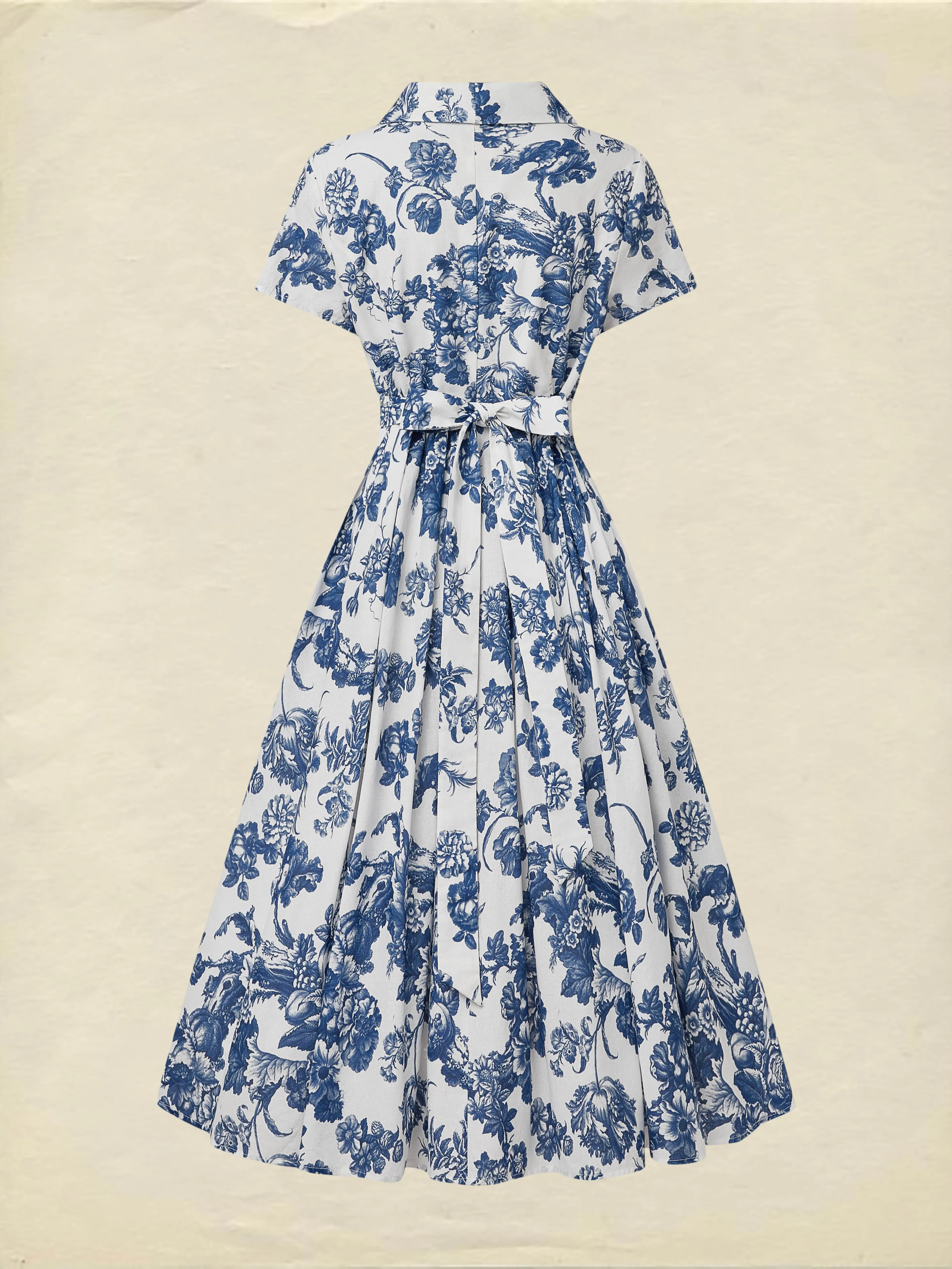 Midi Linen Dress , Short Sleeves, Shawl Collar, Floral, Vacation, Vintage, Blue - Blue
