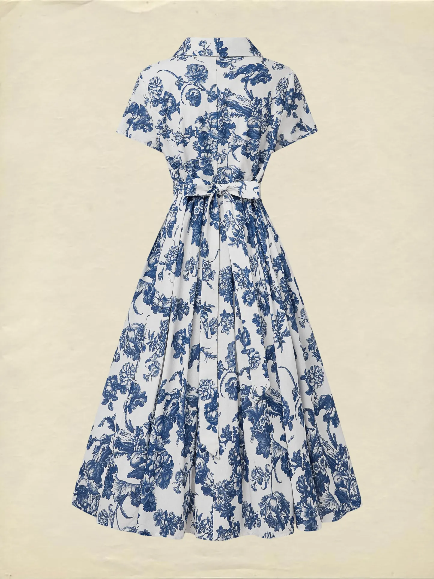 Midi Linen Dress , Short Sleeves, Shawl Collar, Floral, Vacation, Vintage, Blue - Blue