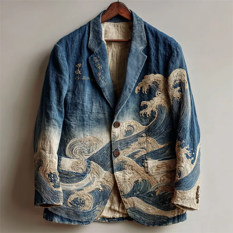 Men's Japanese Sea Waves Gradient Washed Casual Blazer - Blue