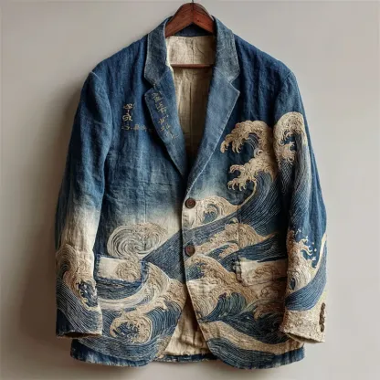 Men's Japanese Sea Waves Gradient Washed Casual Blazer - Blue
