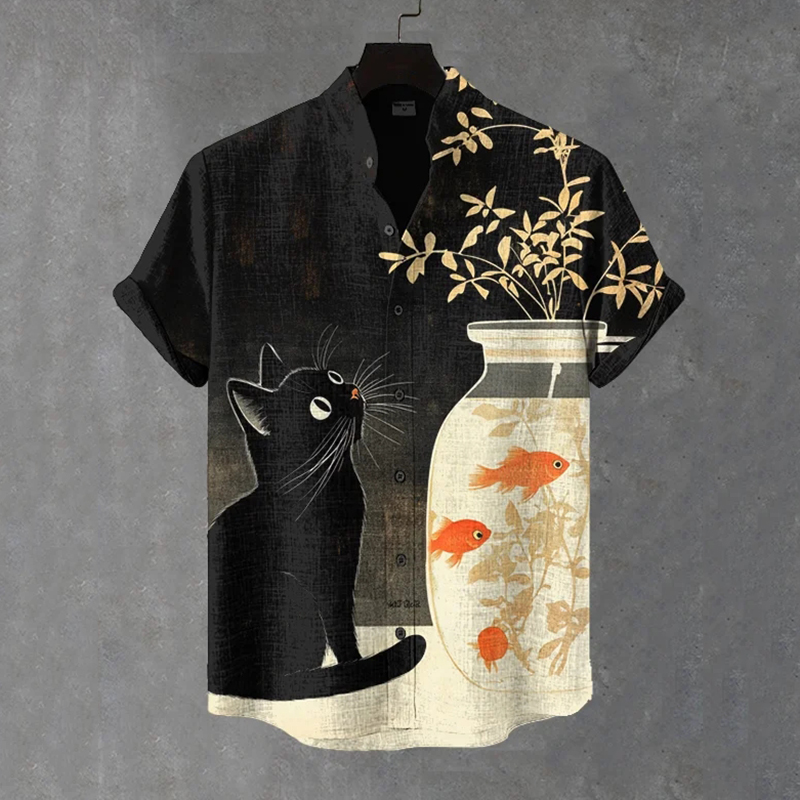 Men's Black Cat And Goldfish Art Print Short Sleeve Shirt - Black