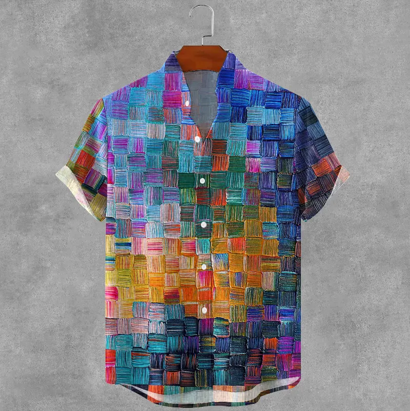 Men's Retro Colored Oil Painting Plaid Art Print Cotton And Linen Shirt - Multicolor