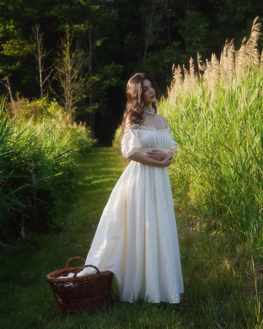 Linen Maxi Dress, Short Sleeve, Off The Shoulder, Plain, Vintage, Daily, White - As Picture