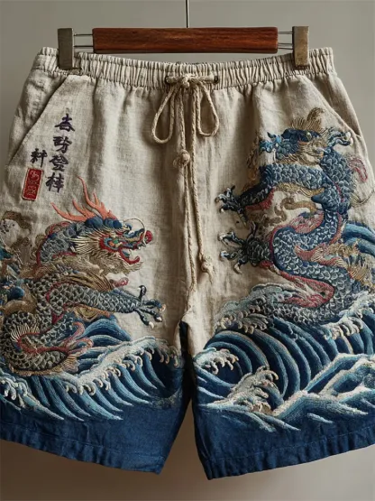 Japanese Dragons Sea Waves Embroidered Linen Shorts - Blue beige