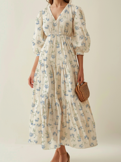 Maxi Linen Dress, 3/4 Sleeves, V Neck, Linen Blend, Blue - Blue